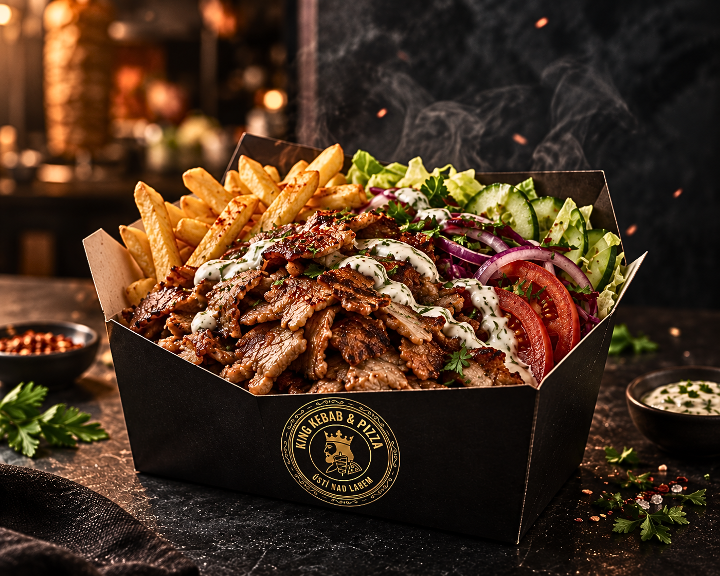 King Kebab & Pizza signature box overflowing with grilled meat, fries and fresh salad, branded box in front of glowing flame-grilled rotisserie