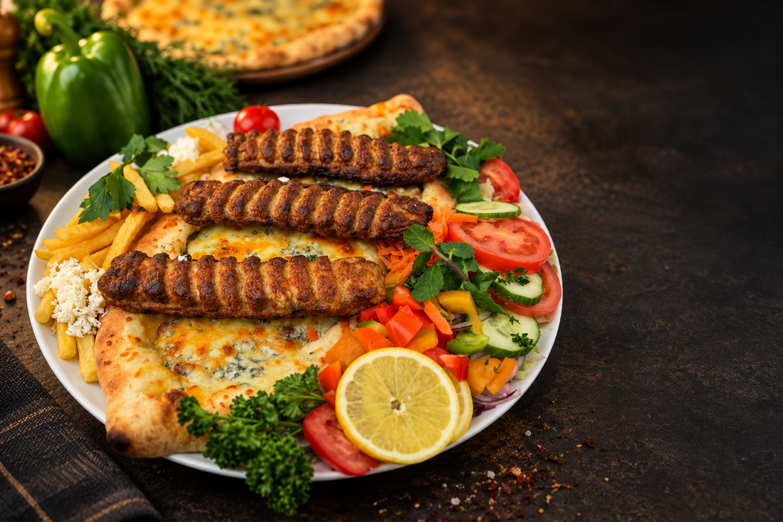 Pide se sýrem a adana kebab špízy s hranolky a čerstvým salátem