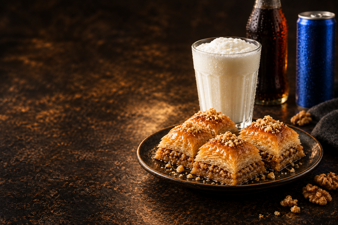 Baklava dilimleri, bir bardak ayran, kola şişesi ve enerji içeceği kutusu