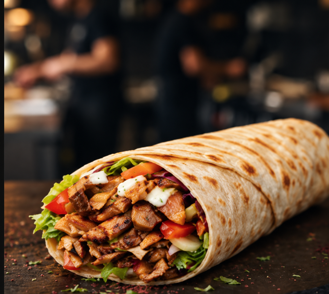 Crispy golden folded dürüm wrap cut diagonally showing layered seasoned meat, fresh cabbage salad and garlic herb sauce on dark slate board.