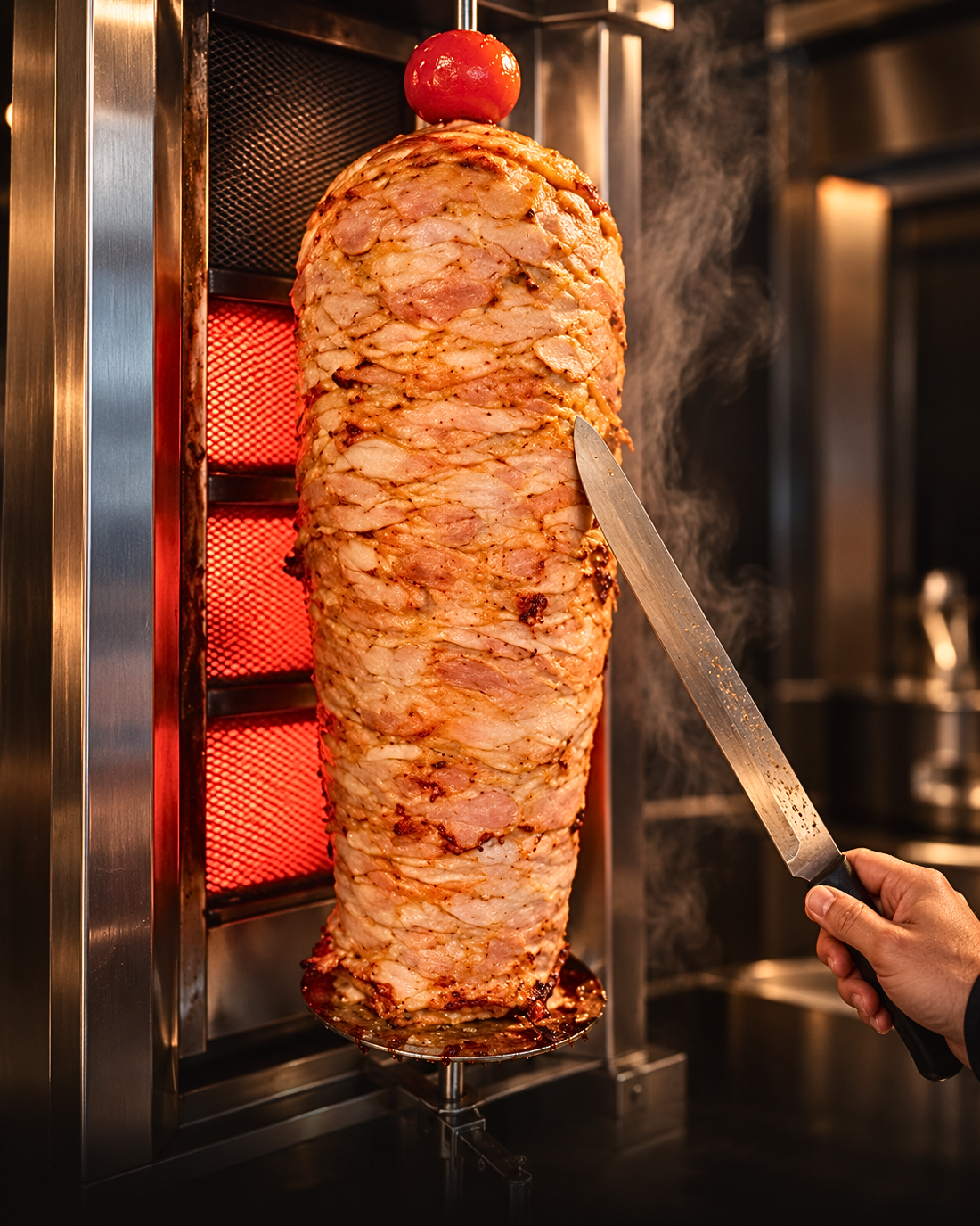 Close-up of freshly carved roasted döner kebab meat on a vertical rotisserie spit with spices, steam rising, and glowing heat background in King Kebab restaurant kitchen.